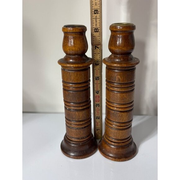 Vtg Wooden Candlestick Holders & 8 Napkin Rings Built In Set Unique - Picture 7 of 8